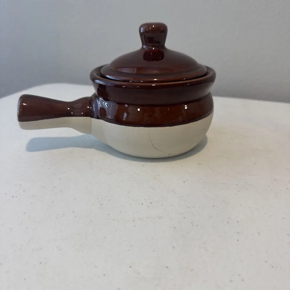 Individual Covered Casserole Dish Pottery Crock with Handle 3 Tone Brown Vintage